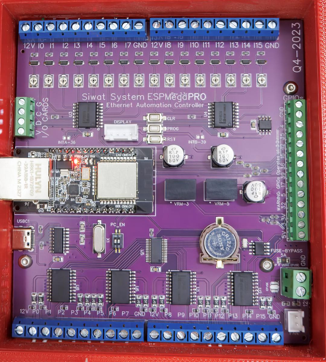 ESPMegaPRO R3 Controller Board - Purple PCB with ESP32, terminal blocks, and I/O connections
